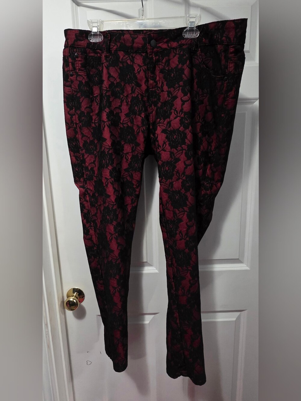 Pink Rose Burgundy Skinny Pants with Black Floral Lace Overlay
